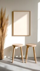 Minimalist interior with stools and empty frame.