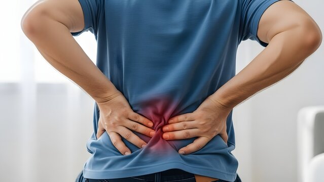 Lower back pain and spinal muscle strain. Orthopedic health and physiotherapy needs. Man holding his waist with red inflammation glow while suffering from chronic back injury at home