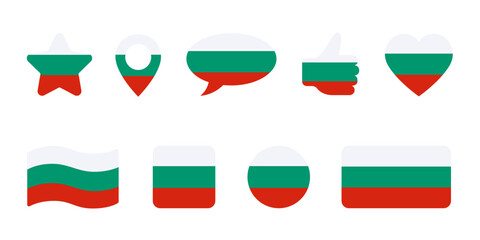 Icon set with star, heart, map, pin, speech bubble and thumb up of Bulgaria flag colors. Symbols or signs isolated on white. Vector clipart, illustration of Bulgarian event or national holidays.