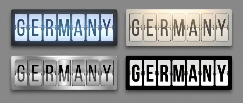 germany airport split flap display title set with the word germany spelled across flipboard tiles includes four different board styles