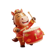 Cute Cartoon Horse Playing Traditional Chinese Drum with Joyful Expression.