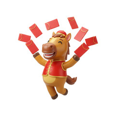 Happy horse character celebrating Chinese New Year with red envelopes.
