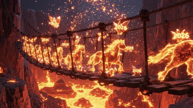 Celebrating Lunar New Year 2026 Horse Shio with a fiery procession crossing a rickety wooden bridge amidst molten lava and flames