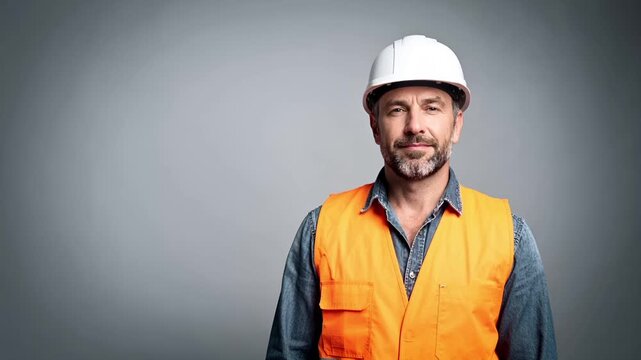 ライトグレーのマット背景で撮影された、欧米系男性建設作業員のポートレート。
清潔な作業着とヘルメット、安全装備が信頼性と専門性を表現する。