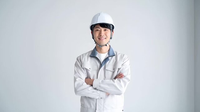 マットな無地背景の前に立つ、日本人男性建設作業員のポートレート。
ヘルメットや反射ベストなどの安全装備を整え、落ち着いた表情を見せる。
被写体を片側に配置し、広告利用に適した広い余白を確保。
