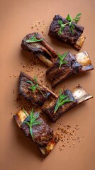 Moroccan Mechoui lamb ribs, with minimal garnish on a coral background, minimalist food photo, template for social media, digital ads, web banners, mobile wallpapers, greeting cards