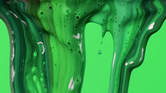 Viscous Green Slime Dripping Down on a Vibrant Green Background with Bubbles
