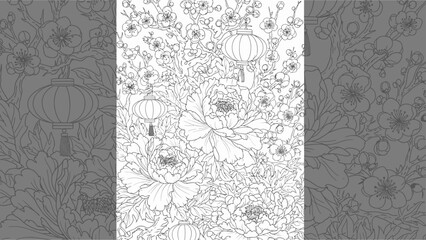 Intricate floral and lantern line art illustration suitable for coloring books and design projects