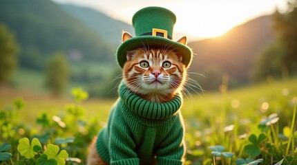 A cute ginger cat wearing a green sweater and leprechaun hat sits in a field of clovers during a sunny St. Patrick's Day celebration.