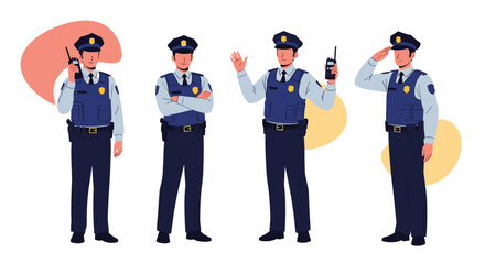 Obraz premium Four illustrations of a male police officer character in different poses including using a radio and giving a salute.