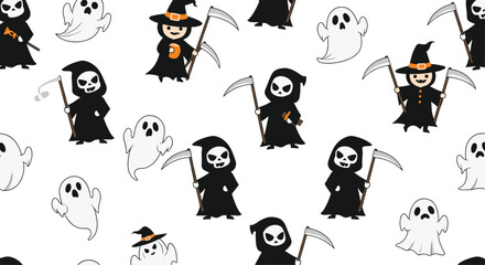 Fototapeta premium Seamless pattern of spooky Halloween characters including ghosts grim reapers and witches on a white background for festive textiles.