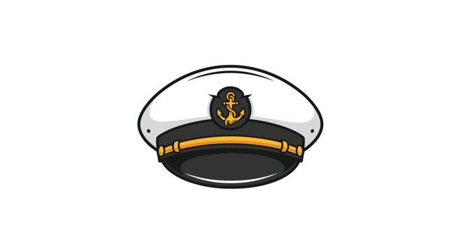 Detailed illustration of a white sailor or captain hat with a black brim and a gold anchor emblem in the center.