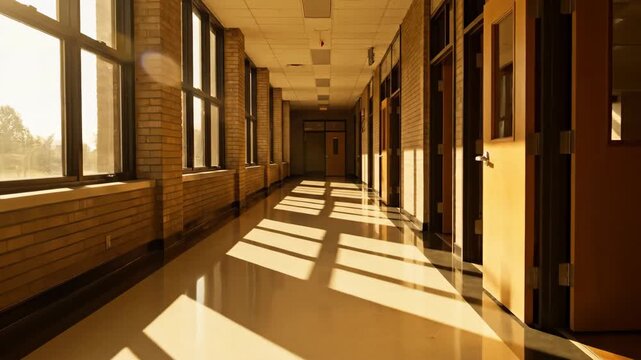 Walking through an empty school hallway with bright sunlight. Long shadows cast on the floor of a deserted corridor. Education and nostalgia concept
