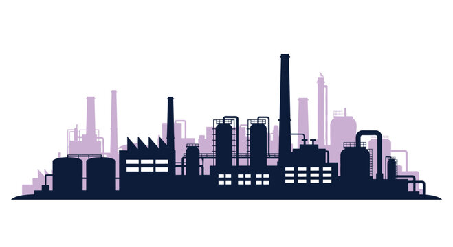 Industrial factory skyline silhouette with smoke stacks and processing plants over a purple hazy background for urban city concept.