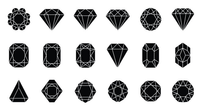 Diverse collection of gemstone and diamond cut silhouettes in black representing various jewelry shapes and luxury items.