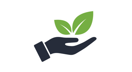 Stylized icon of a human hand holding a pair of green leaves representing environmental conservation, growth, and ecology.