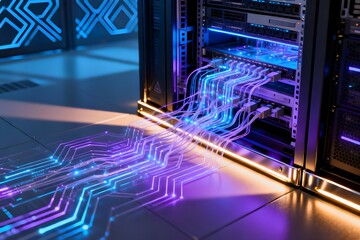 Vibrant server racks illuminate a data center, showcasing advanced networking and digital connectivity.