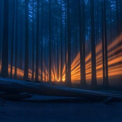 Sunset Rays Shining Through Forest Trees.