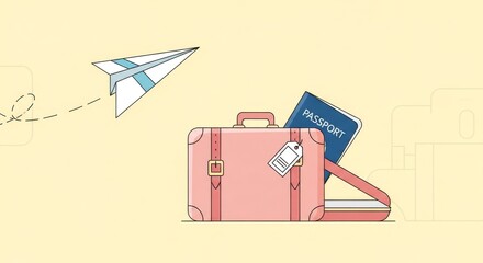Pastel travel illustration with suitcase passport and paper airplane.