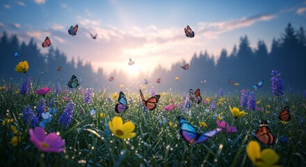 Sunrise over a flower-filled meadow with colorful butterflies fluttering.