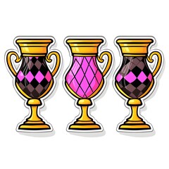 Three Cartoon Trophies with Diamond Patterns.