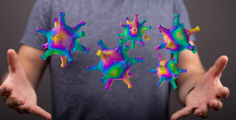 Abstract image depicting colorful virus symbols floating near reaching hands, representing concepts like healt