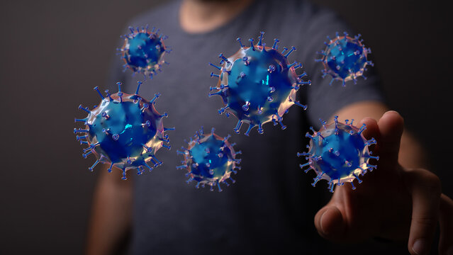 3D render of coronavirus cells floating in front of a hand, highlighting the concept of disease and virus spre - Powered by Adobe