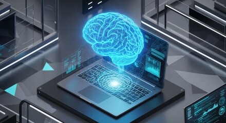 Holographic neural brain projection above open laptop computer.