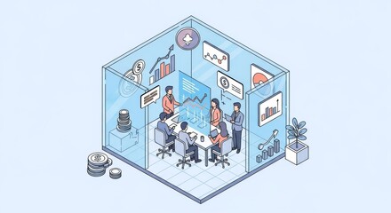 Isometric modern office meeting with people collaborating around a computer.