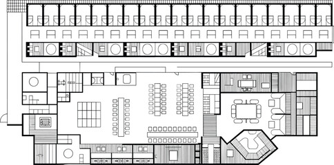 Detailed office floor plan blueprint with conference areas workstations seating layout vector line drawing for architectural interior design use