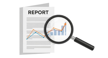 Close-up of business report with magnifying glass revealing charts and data trends.