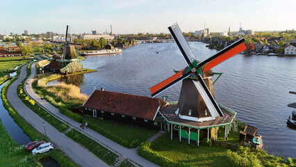 Zaanse Schans Zaandam Netherlands, Aerial View of Fabulous landscape with windmill village Zaanse Schans, Holland