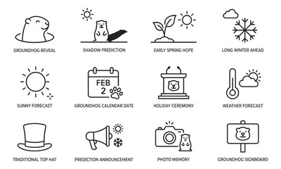 Groundhog Day line icon set with groundhog, shadow, sun, snowflake, calendar, top hat and weather prediction symbols for holiday projects