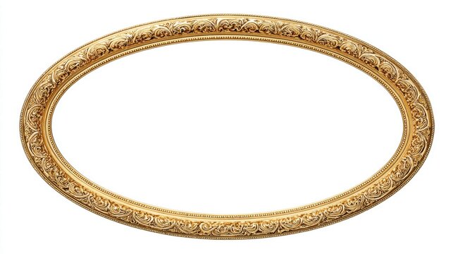 Ornate golden oval picture frame isolated on a white background.