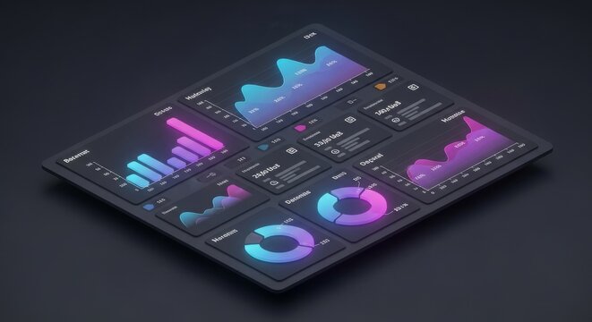 Futuristic neon data analytics dashboard displayed on tablet interface. - Powered by Adobe