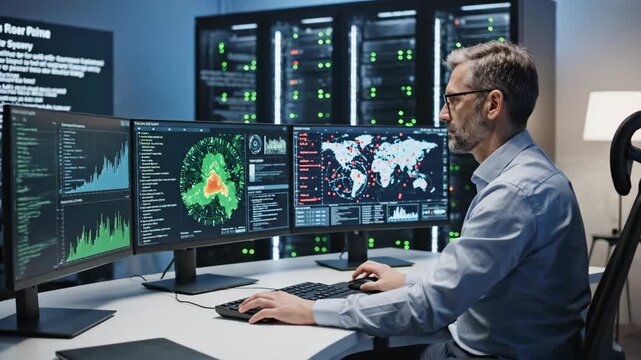 Cybersecurity analyst monitoring global threats in a server room. IT professional working at a desk with multiple screens displaying data and maps. Network security concept