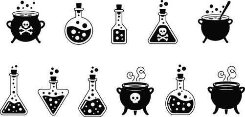 Halloween potion and poison icons set with cauldrons bottles skull symbols vector silhouette illustration for spooky design projects