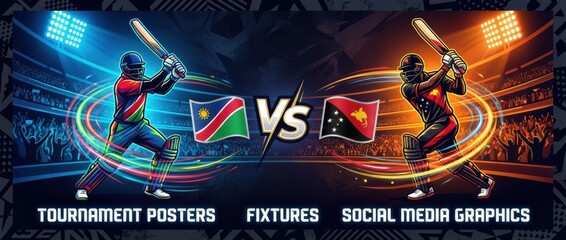 namibia vs papua new guinea high-energy cricket match poster template featuring two rival batters facing off with raised bats