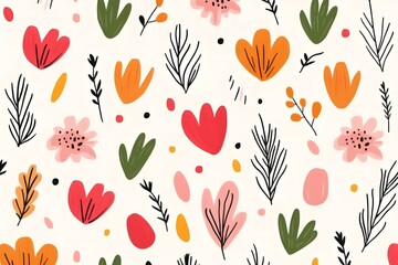 Colorful Floral Pattern with Leaves and Dots.