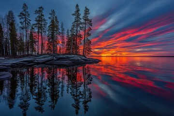 Fiery sunset reflects over water by forest on rocky shore edge