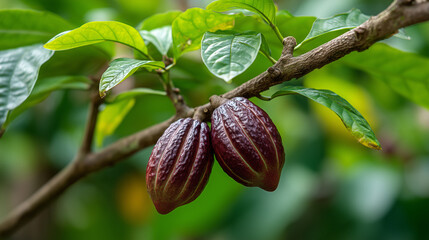Cocoa fruit ready to be picked hanging on tree branches