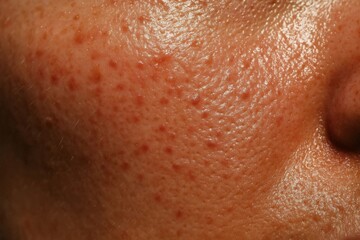 Fototapeta premium Close-up of cheek with inflamed acne and oily skin texture.