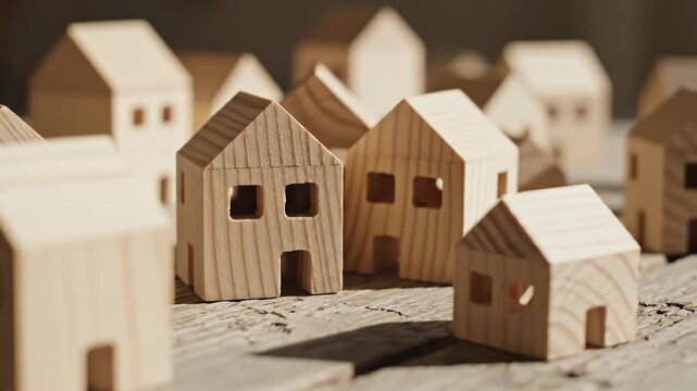 Collection of small wooden houses on textured surface in studio