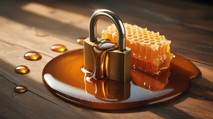A symbolic image showing a padlock placed in honey beside a honeycomb, representing security, protection, and safeguarding something valuable or natural.