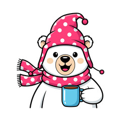 Cozy polar bear with hot drink Vector