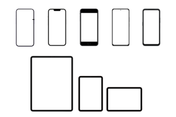 Clean vector mockups of multiple modern digital devices, including smartphones and tablets, isolated on a pure white background for versatile design projects.