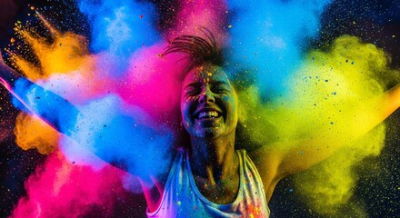 Joyful man surrounded by colorful powder explosion.