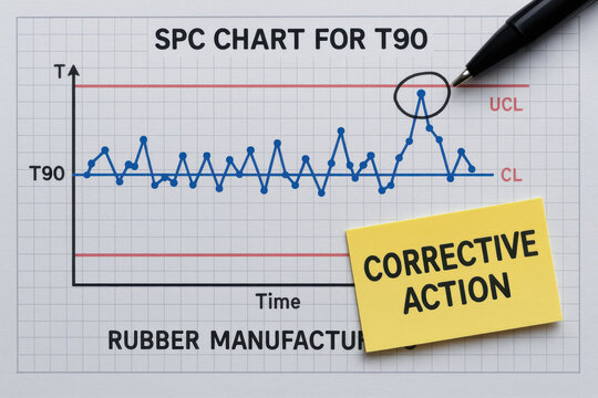 SPC chart for T90 tracking process variation rubber manufacturing with corrective action note and circled outlier indicating quality control
