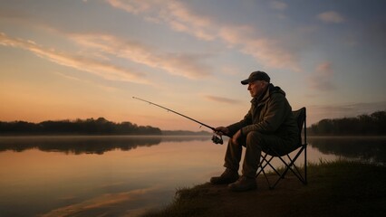 Senior man fishing from a folding chair by a calm lake at sunrise, peaceful outdoor leisure scene with warm sky.