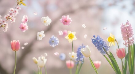 spring flowers tulip daffodil hyacinth blooming.